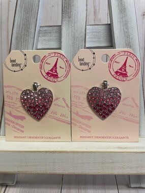 Bead Landing Paris France Sparkling Pink Heart Pendant Silver Tone Set of 2 NEW